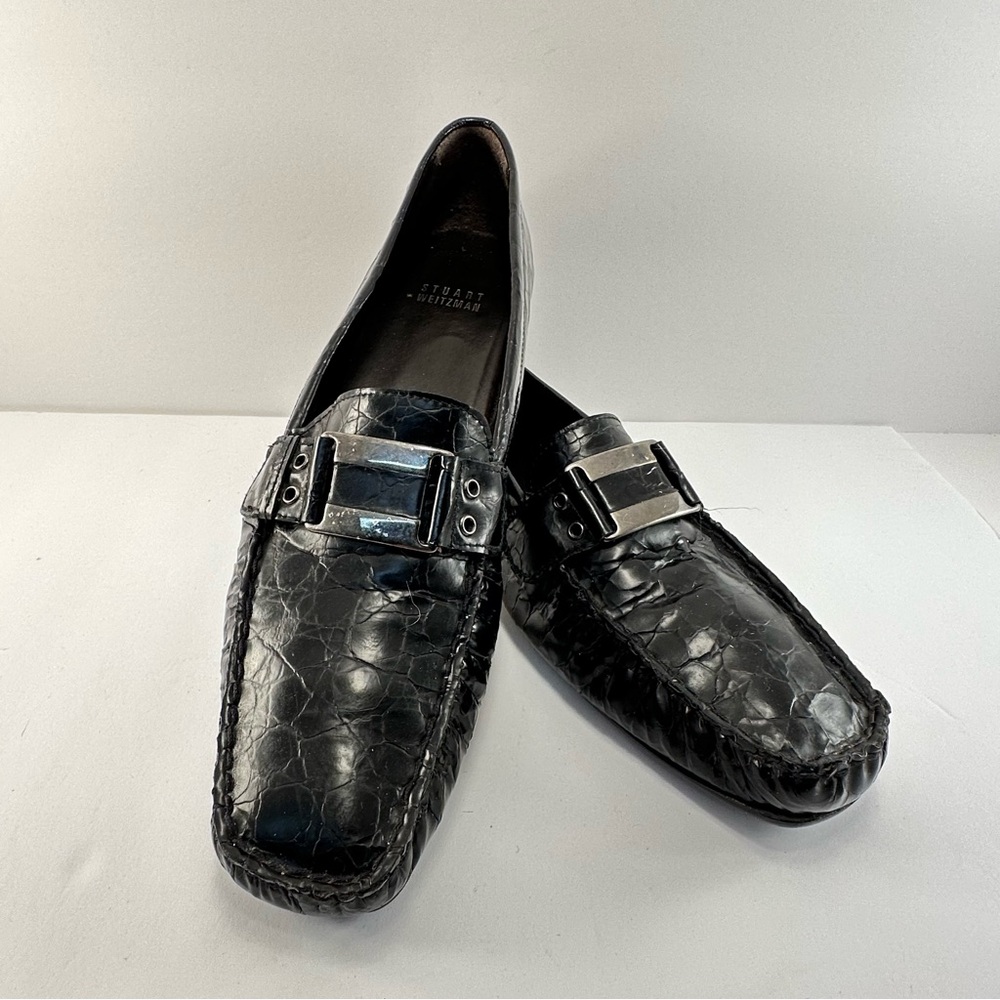 Stuart Weitzman Black Caiman Croc-Skin Leather Buckle Accent Loafer Flats 8N